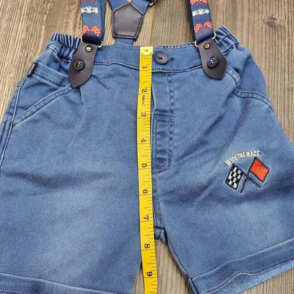 BABE BABY BLUE DENIM SUSPENDER SHORTS – TODDLER XL –  “WIN THE RACE” EMBROIDERED